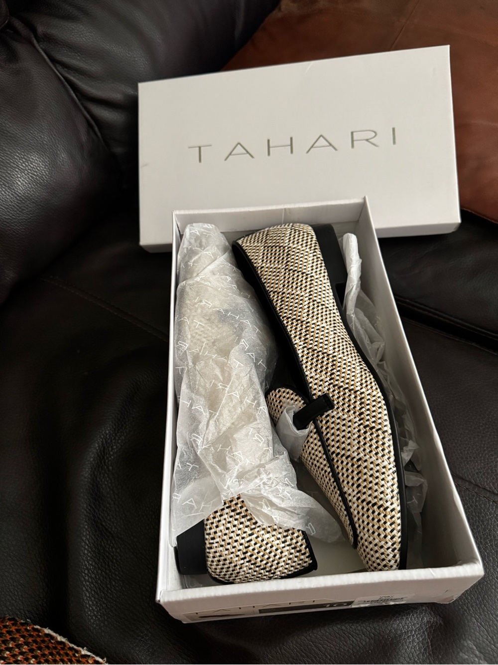 Tahari Women's Woven Slip-On Flats in Beige and Black